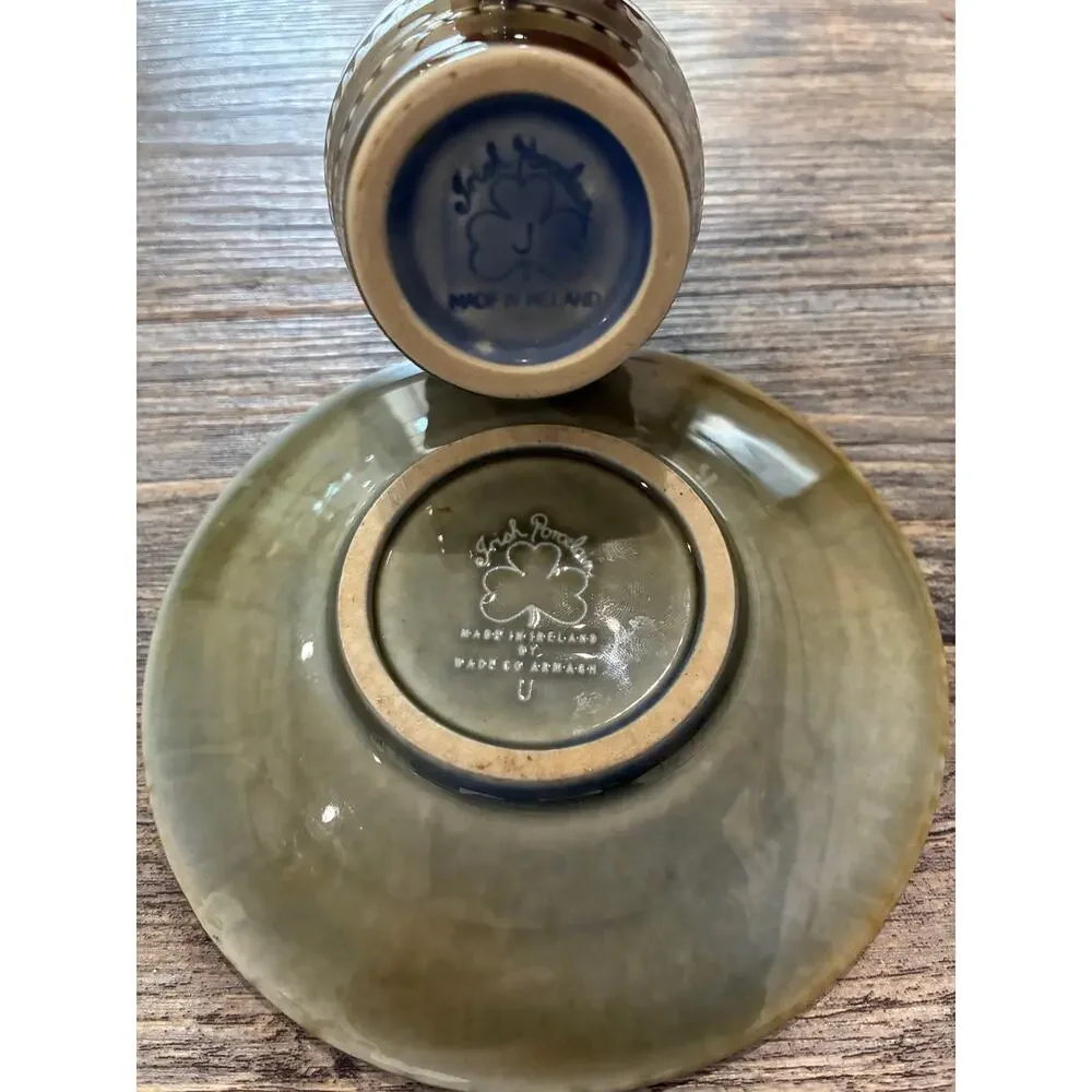 VTG Wade Co Armagh Irish Porcelain Green Demitasse Cup & Saucer Ireland Clover